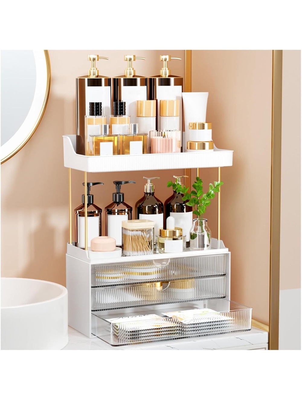 Counter organizer with shelves and clear drawers.